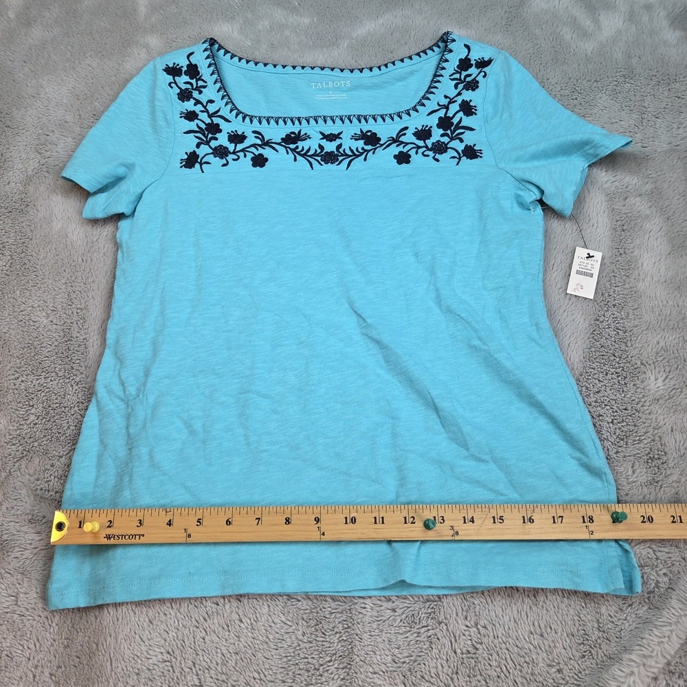 Talbots Blouse Womens S Embroidered Square Neck Slub‎ Cotton Top Turquoise Blue